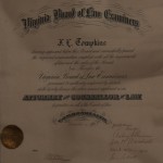 Virginia Board of Law Examiners Certificate for JL Tompkins, December 1924